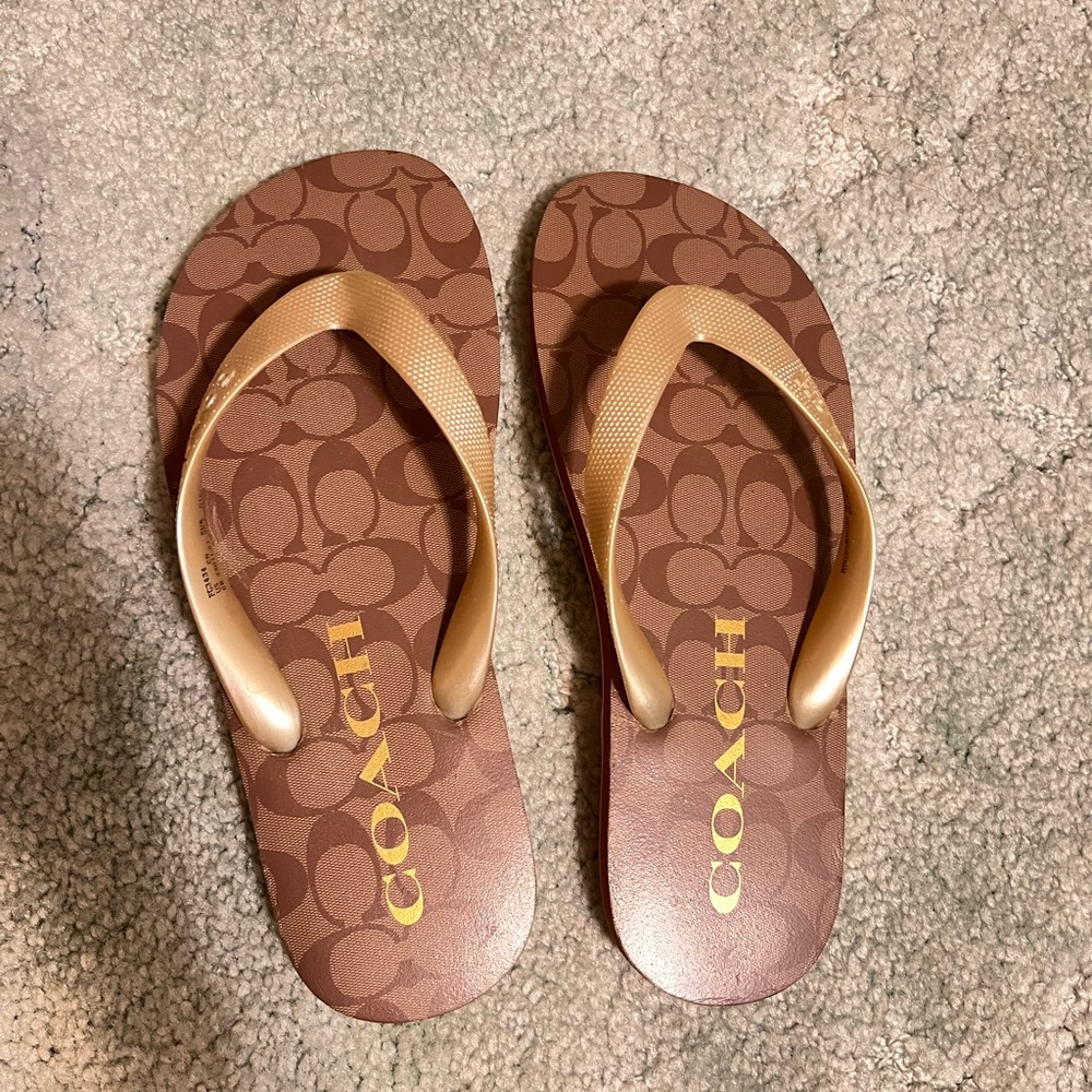 Coach Brown and Gold Logo Flip Flops